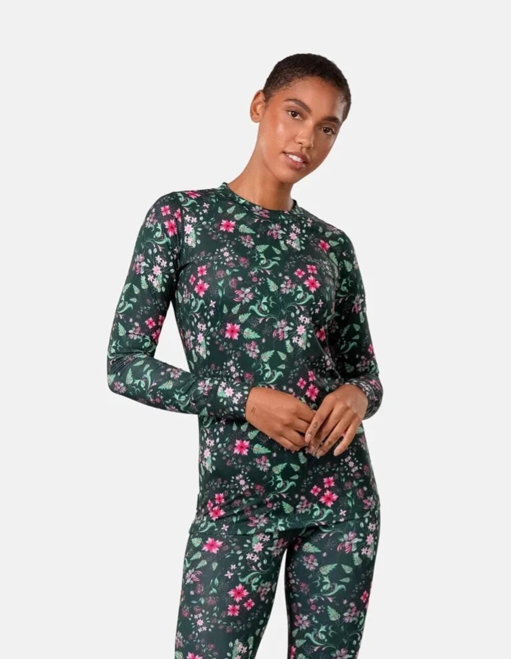 Kari Traa Fryd Long Sleeve Base Layer Top Green Pine Floral XL Hiking Ski